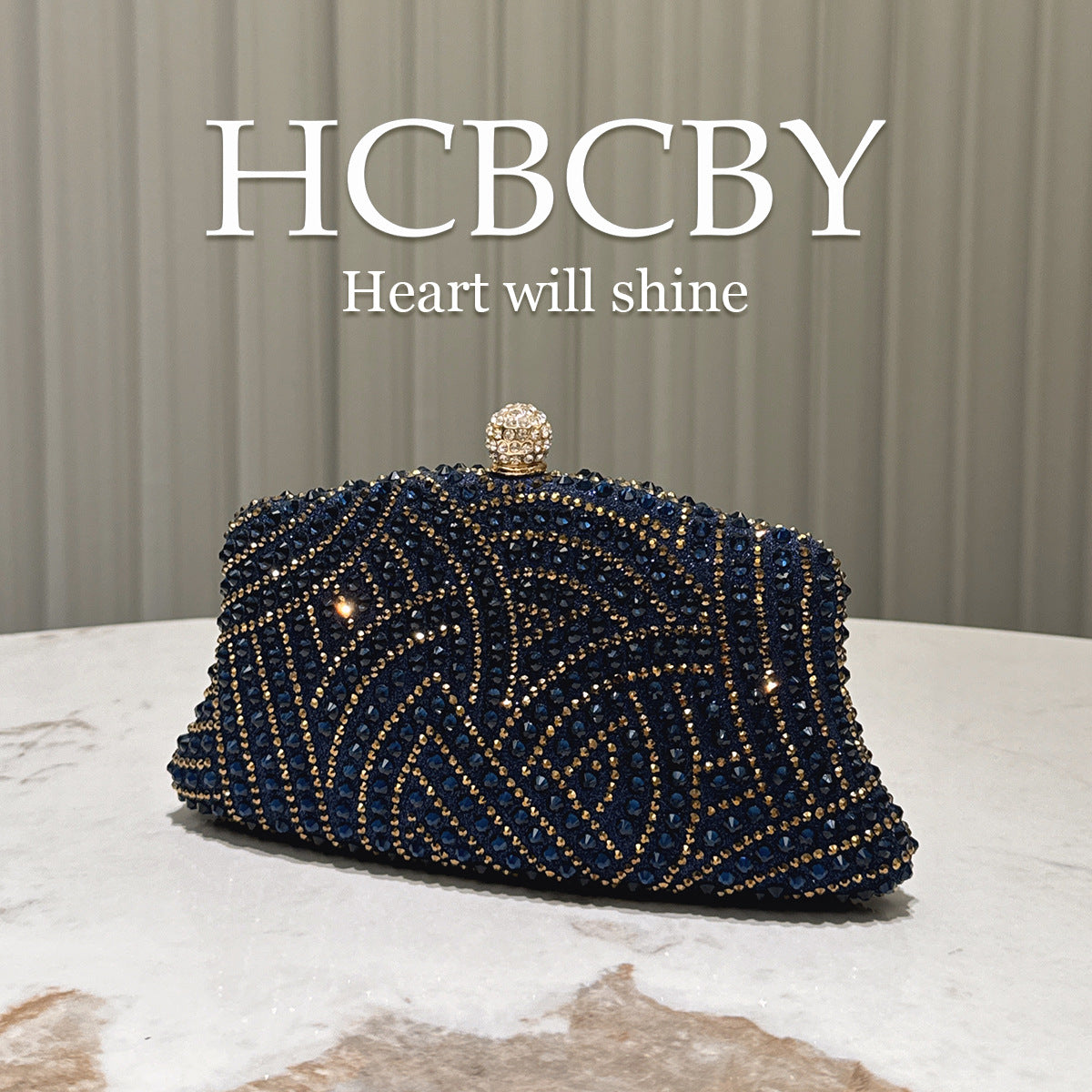 Women's Dark Blue Shiny Elegant Rhinestone Decorative Clutch Fashion Bags