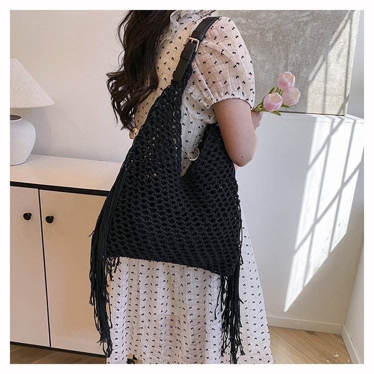 Women's High-grade Cotton Thread Straw Woven Hand-woven Vacation Beach Large Women's Shoulder Bag