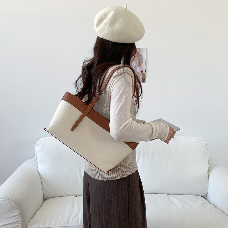 Women's Niche Canvas Stitching Contrast Color Commute Large Women's Shoulder Bag