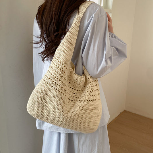 Women's Style Cotton Thread Woven Hollow Large Capacity Tote Bag