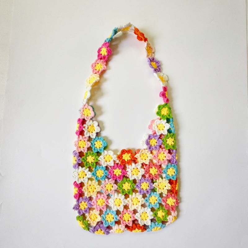 Wool Knitted Rainbow Laminate Stitching Fresh Cutout Flowers Woven Women's Shoulder Bag