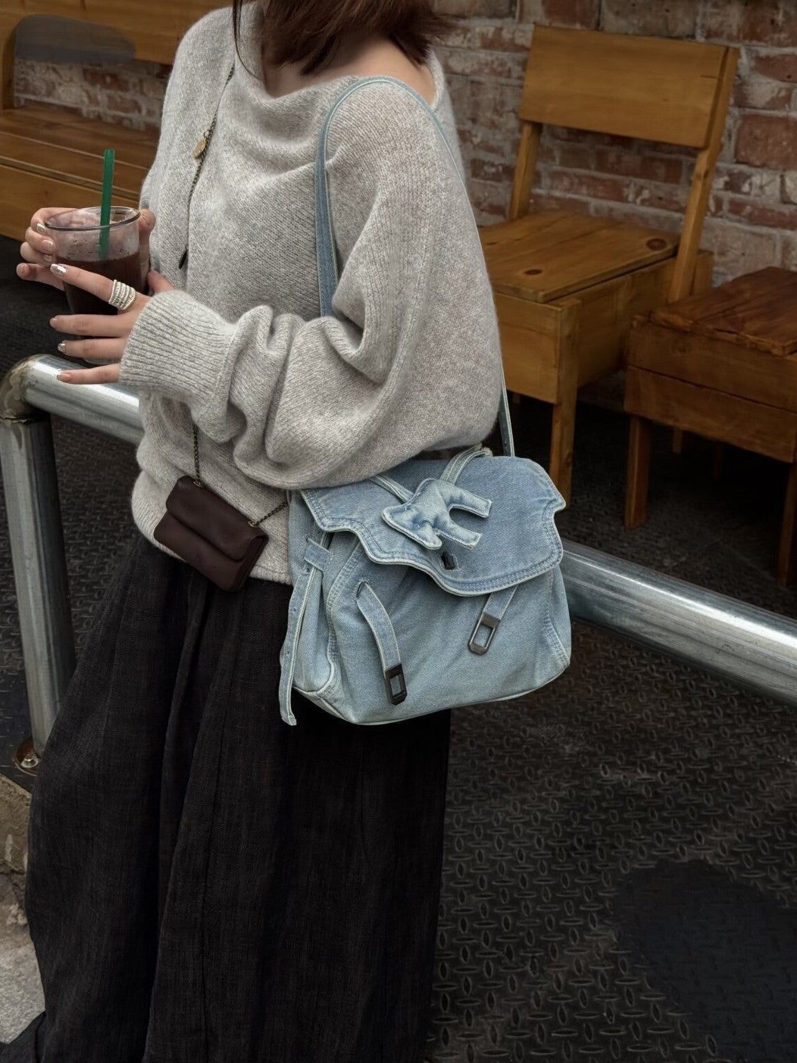 Creative Washed Denim Retro Commuter Flap Tote Bag