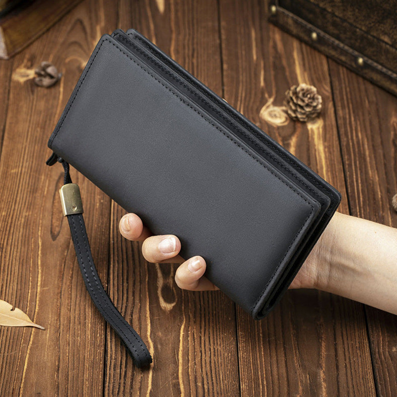 Men's Capacity First Layer Cowhide Simple Solid Color Long Two Fold Handbags
