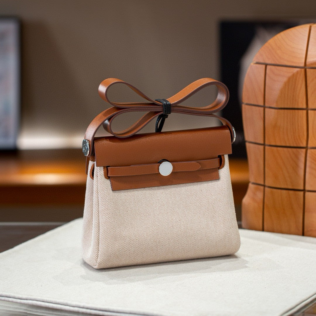 Women's Mini Kelly Cowhide Stitching Canvas Contrast Color Matching Bags