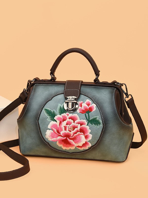 Women's Cattle Leather Handmade Embroidered Han Clothing Bags