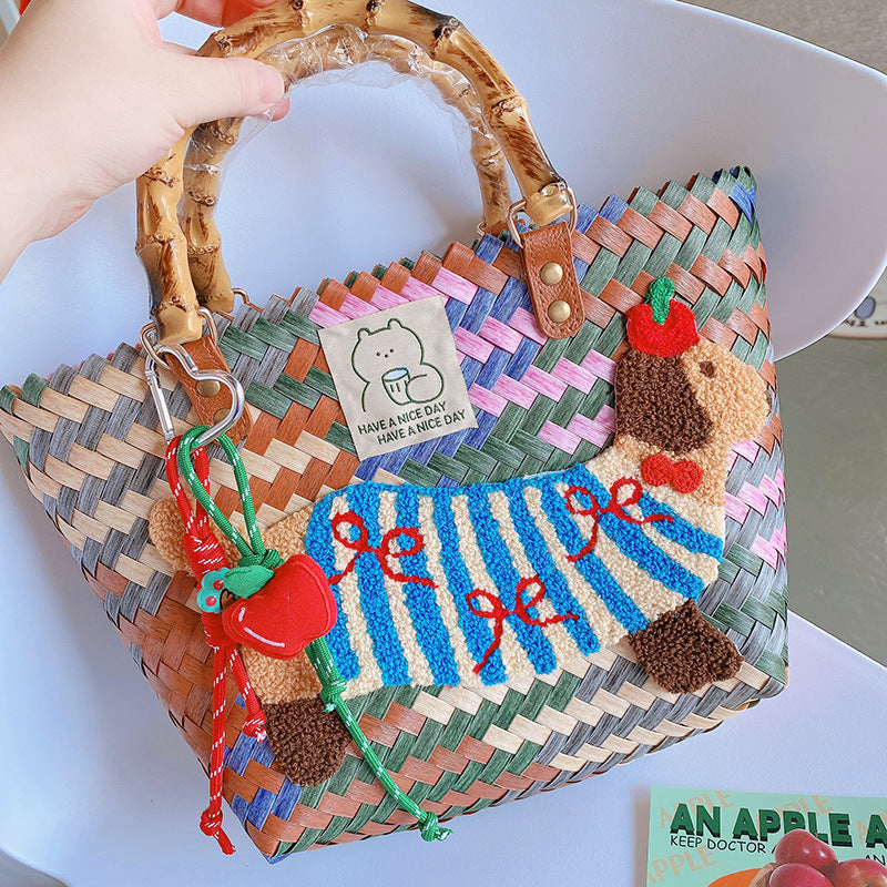 Women's Vintage Stripe Sausage Dog Repair Woven Nylon Rope Pendant Handbags