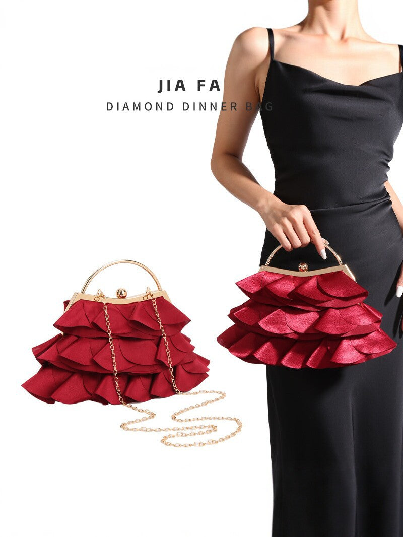 Women's Wine Red Rose Petals Chain Bride Dress Handbags