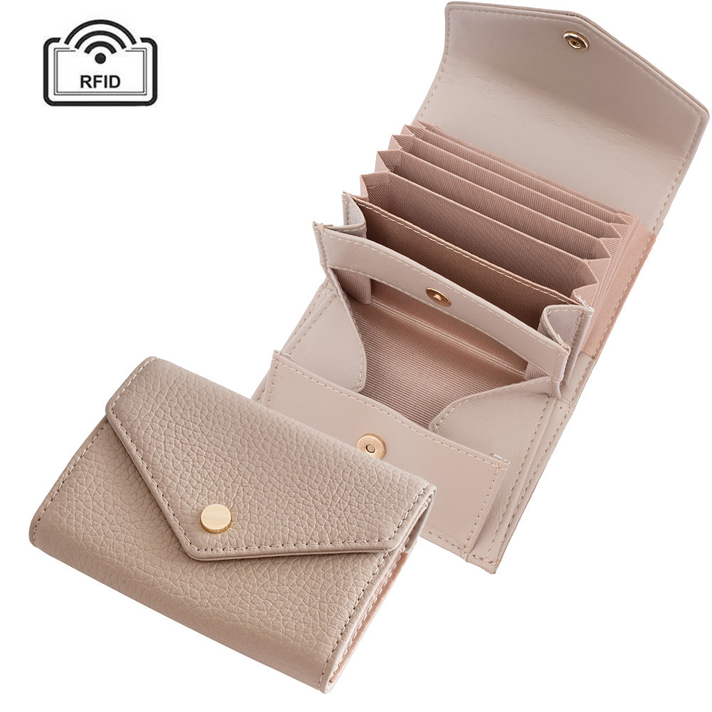 Women's Leather Swiping Multiple Slots Expanding Short Top Layer Cowhide Ladies Wallet
