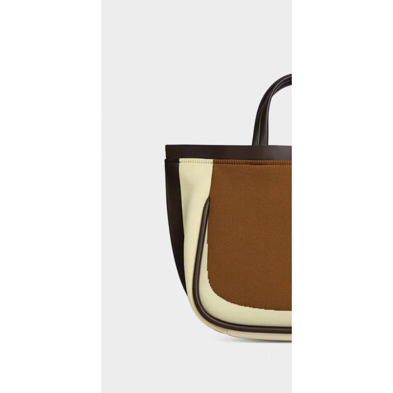 Women's Woven Horizontal Design Brown Portable Tote Bag