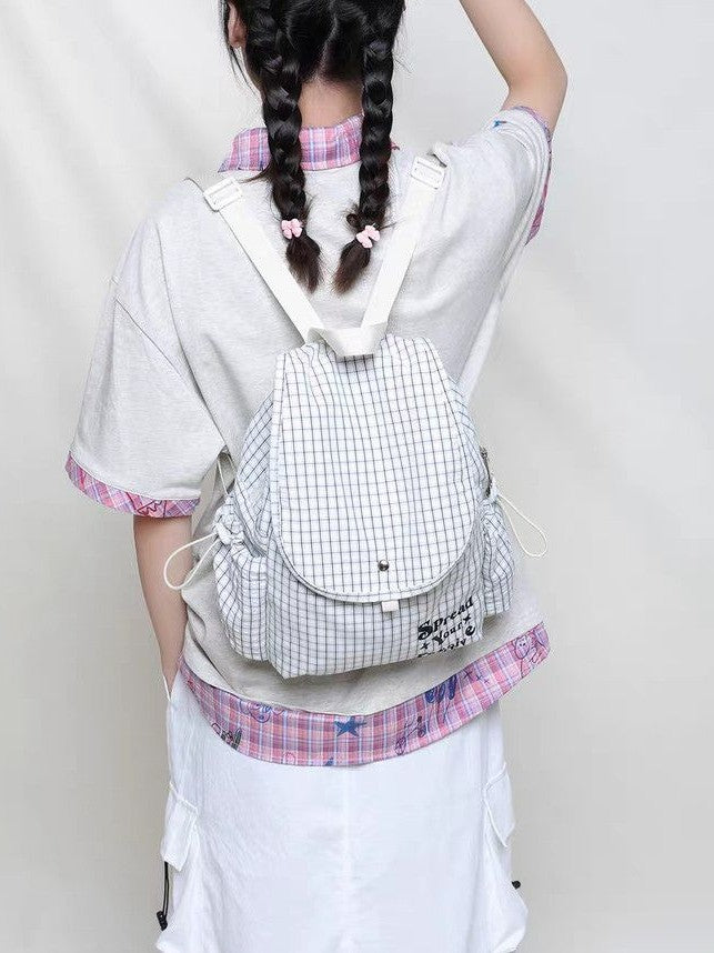 Checked Sweet Female College Plaid Canvas Niche Leisure Backpack