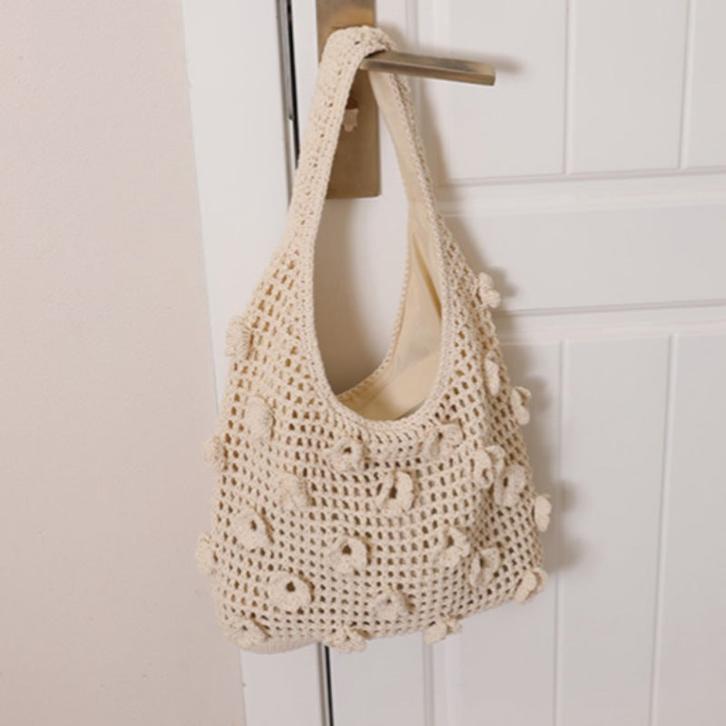 Fresh Three-dimensional Flower Cotton Thread Woven Hollow Women's Shoulder Bag