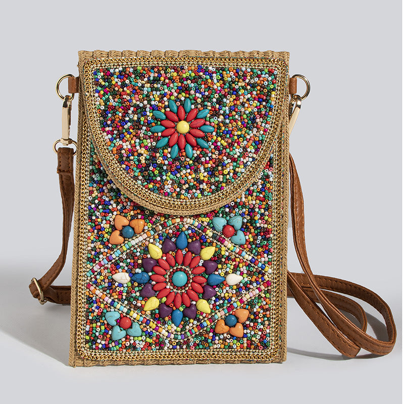 Women's Style Bead Turquoise Pattern Straw Woven Shoulder Bags