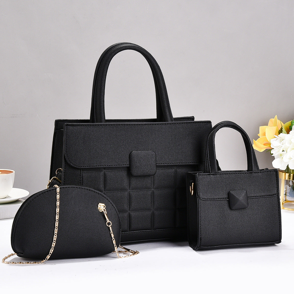 Plaid Stitching Three-piece Large Capacity Versatile Bags