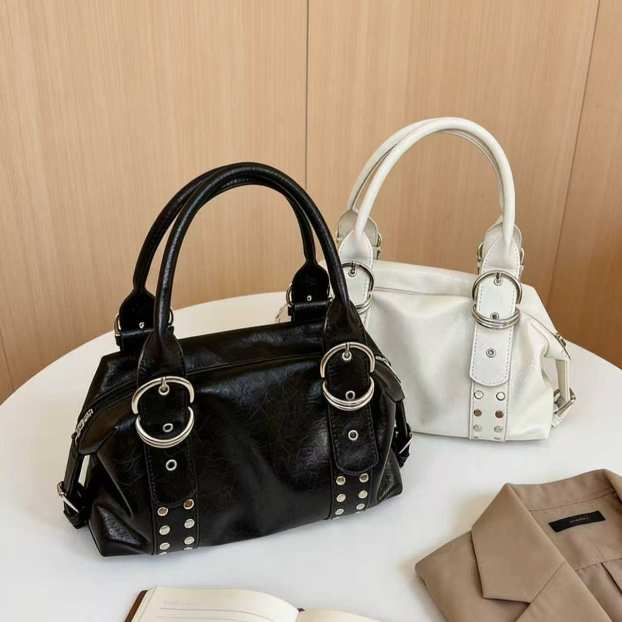 Women's Korean Underarm Soft Leather Rivets Cylinder Commuter Tote Bags