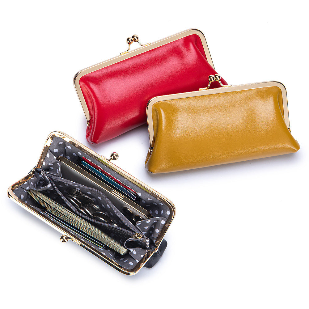 Women's Genuine Leather Retro Clip Long Simple Frame Storage Large Women's Clutch