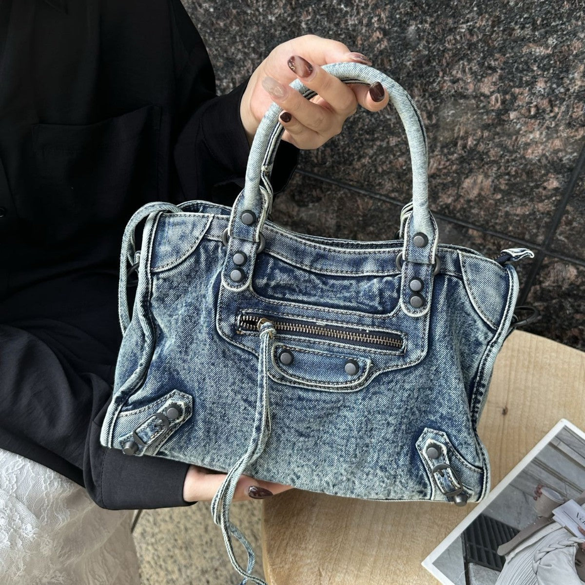 Rivet Motorcycle Washed Denim Neutral Punk Women's Messenger Bag