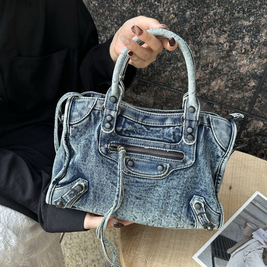 Rivet Motorcycle Washed Denim Neutral Punk Women's Messenger Bag