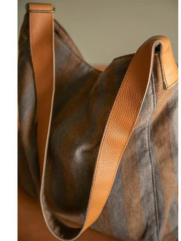 Fried Color Striped Canvas Soft Leather Adjustable Bags