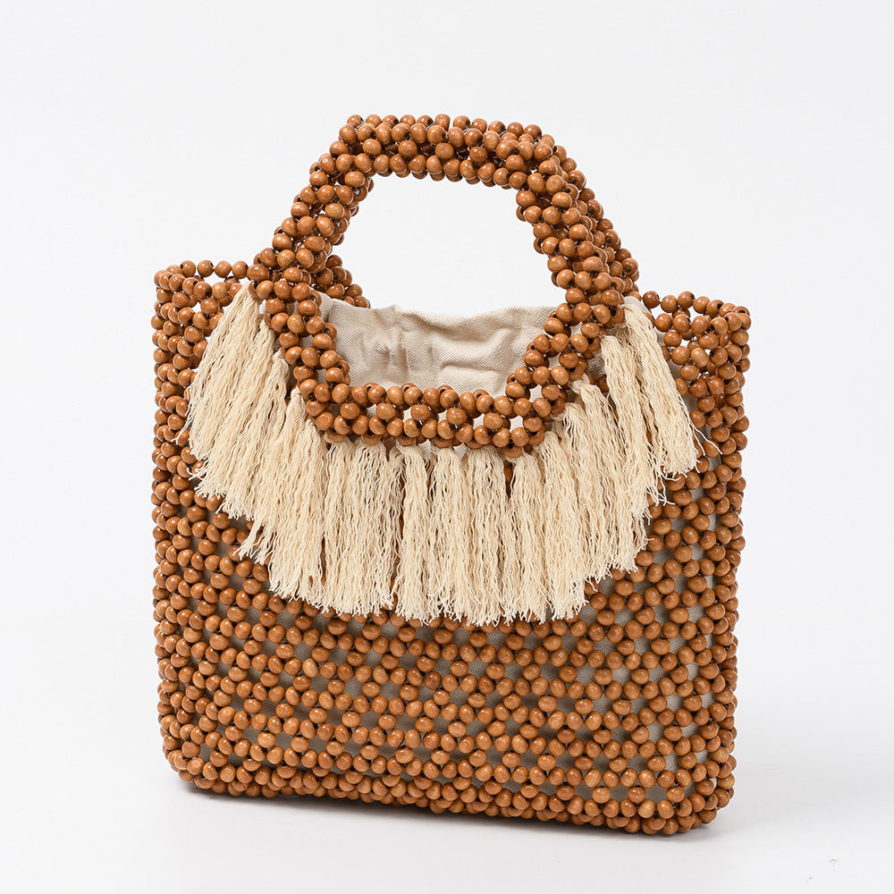 Women's With Wooden Beads Decoration Ethnic Style Hand-woven Bags