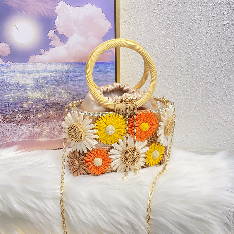 Hand-woven Shiny Rhinestone Beaded Chain Vegetable Basket Women's Handbag