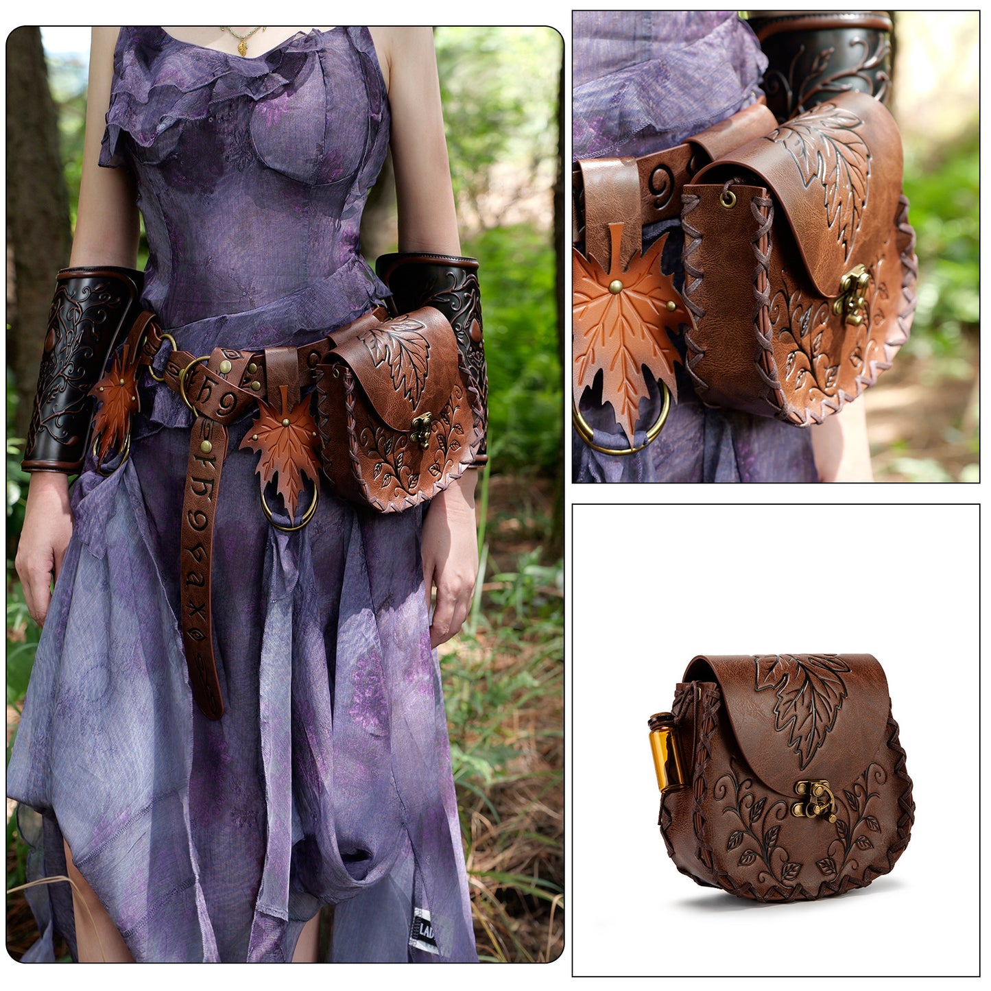 Fantasy Leaf Pattern Embossed Leather Forest Vintage Hand-woven Edge Hanging Women's Chest Bag, Fanny Pack