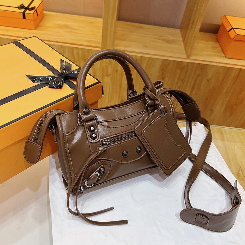 Women's Rivet Oil Leather Motorcycle Fashion Trendy Small Square Bag