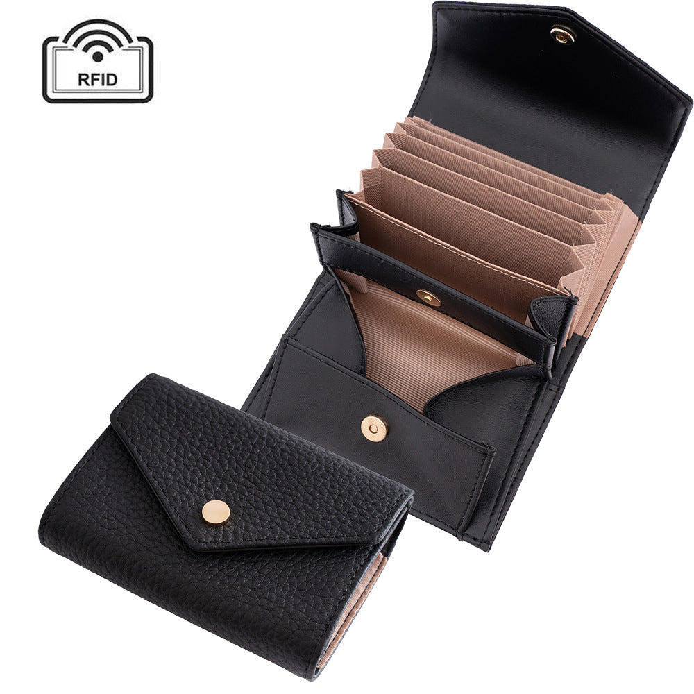 Women's Leather Swiping Multiple Slots Expanding Short Top Layer Cowhide Ladies Wallet