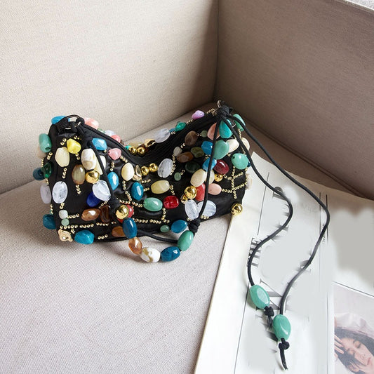Women's Ethnic Style Colored Stone Beaded Decorative Underarm Bags