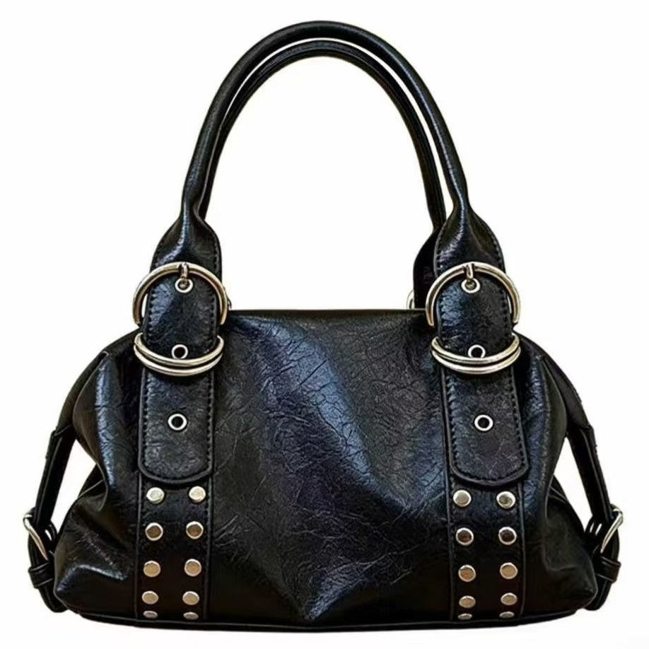 Women's Korean Underarm Soft Leather Rivets Cylinder Commuter Tote Bags
