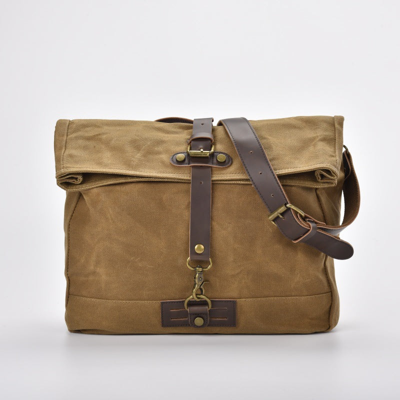 Men's Waterproof Oil Wax Canvas Vintage Crazy Horse Leather Motorcycle Men's Shoulder Bag