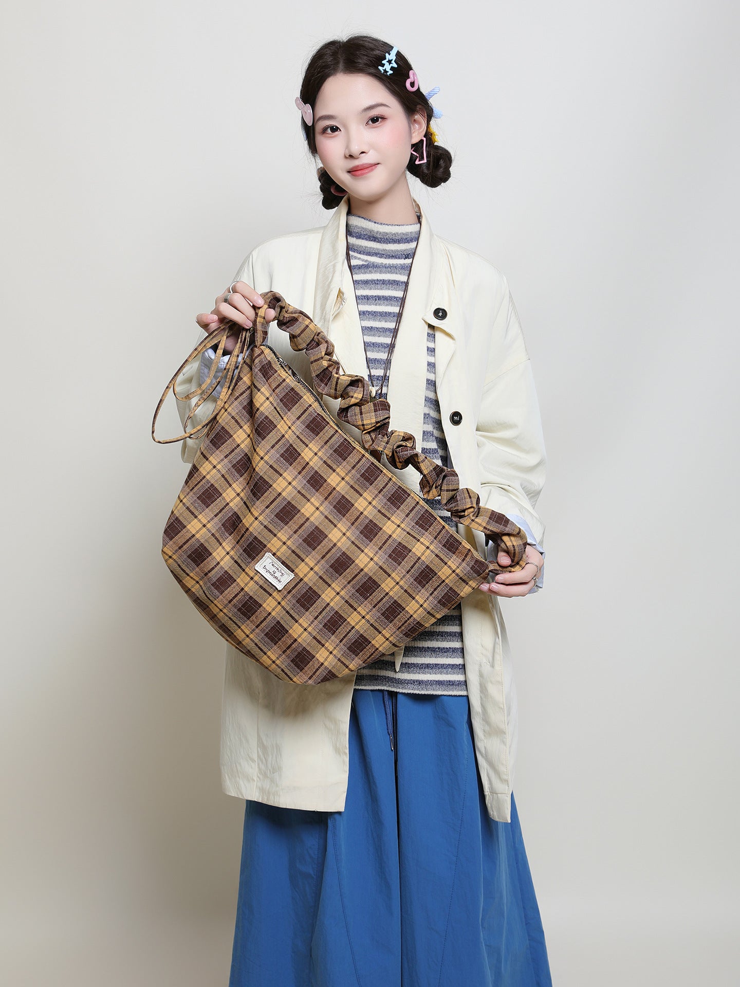 Women's Checked Canvas Korean Style Atmosphere Large Capacity Women's Messenger Bag