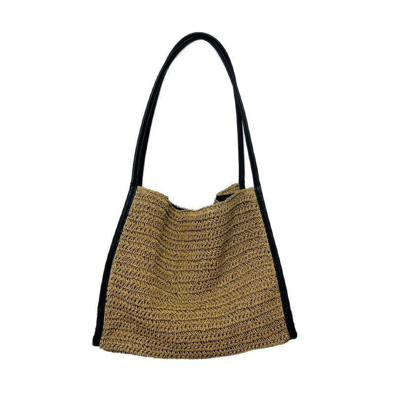 Women's Capacity French Style Straw Niche Woven Vacation Beach Solid Color Bags