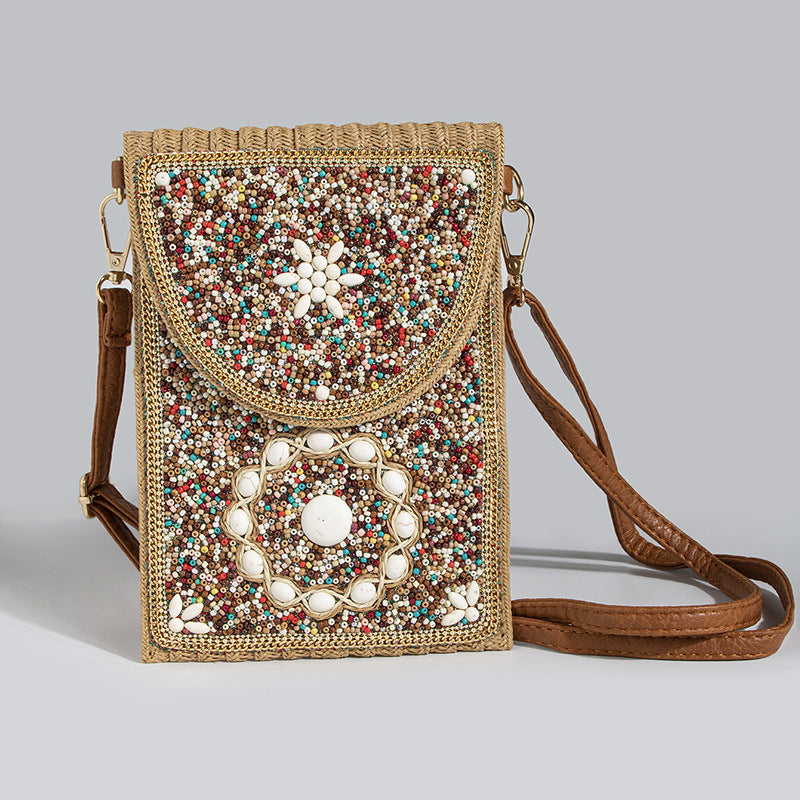 Women's Style Bead Turquoise Pattern Straw Woven Shoulder Bags