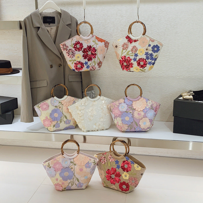 Women's Chinese Style Bamboo Joint Mesh Embroidered Sequins Applique Vacation Hand Tote Bag