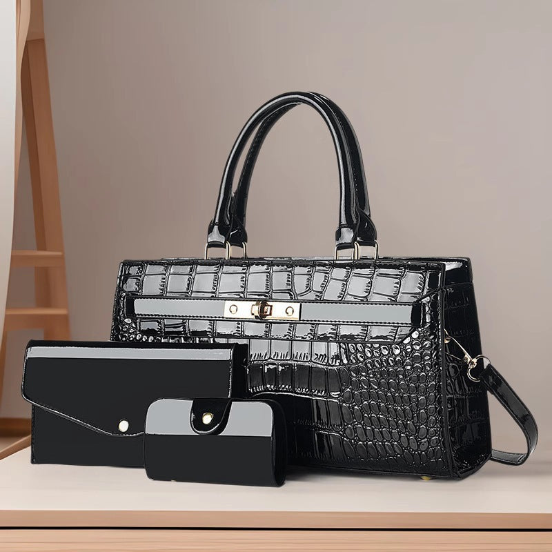 Women's Mother's Day Crocodile Pattern Mother Fashion Large Capacity Commuter Three-piece Handbags