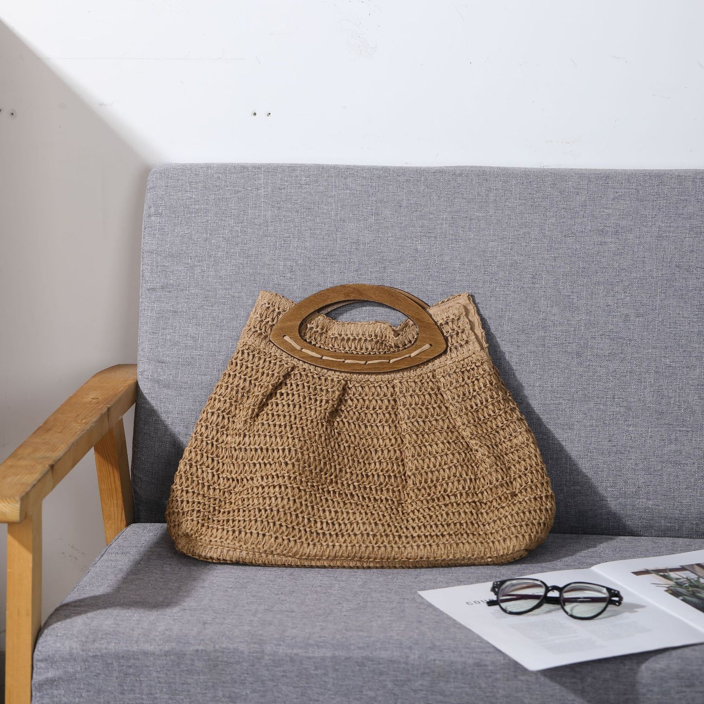 Women's Mori Style Wooden Straw Beach Idyllic Women's Handbag