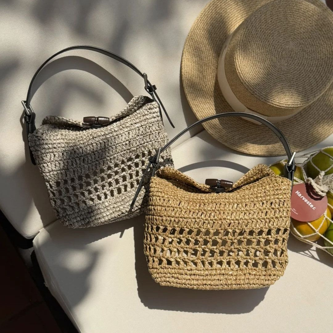 Women's First Layer Cowhide Stitching Lafite Straw Lunch Box Fashion Women's Handbag