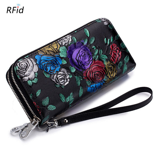Women's Genuine Leather Large Capacity Painted Double Zipper Long Multiple Slots Ladies Wallet