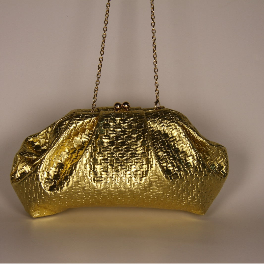 Color Woven Pattern Western Style Banquet Metal Shape Women's Leather Bag