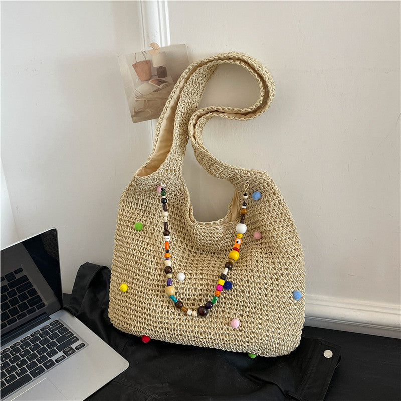 Women's Seaside Holiday Straw Woven Colorful Fur Ball Women's Shoulder Bag
