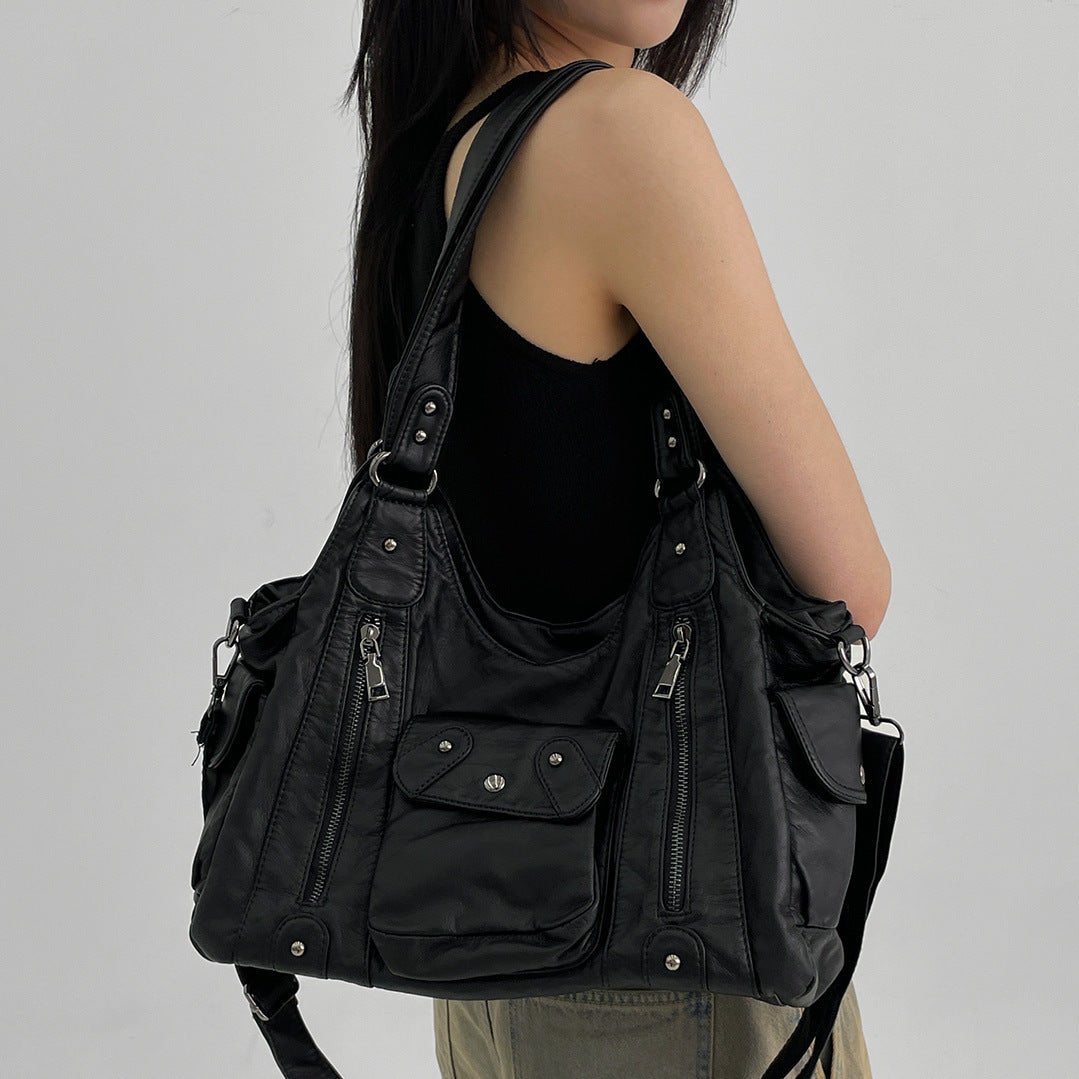 Women's Retro Washed Hot Motorcycle Large Capacity Women's Handbag