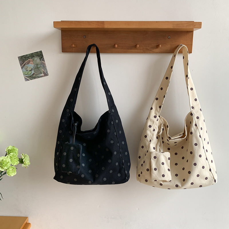 Fashion College Canvas Temperament Artistic Polka Dot Large Capacity Shoulder Bags