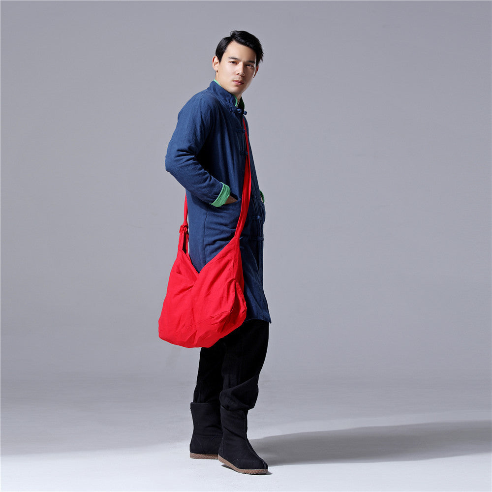 Linen Cloth Solid Color Zipper Hobo Men's Shoulder Bag