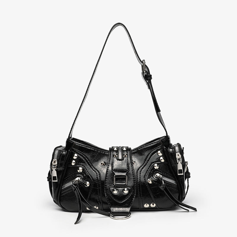 Women's Black Punk Rivet Motorcycle Fashion Trend Niche Women's Shoulder Bag