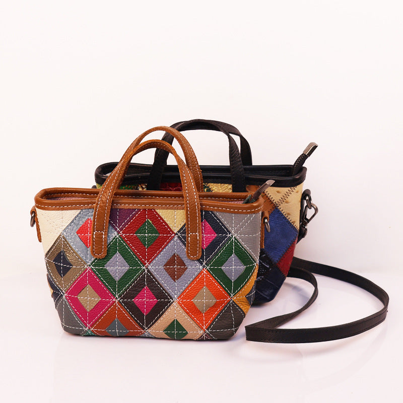 Women's First Layer Cowhide Ethnic Style Fashion Portable Stitching Women's Leather Bag