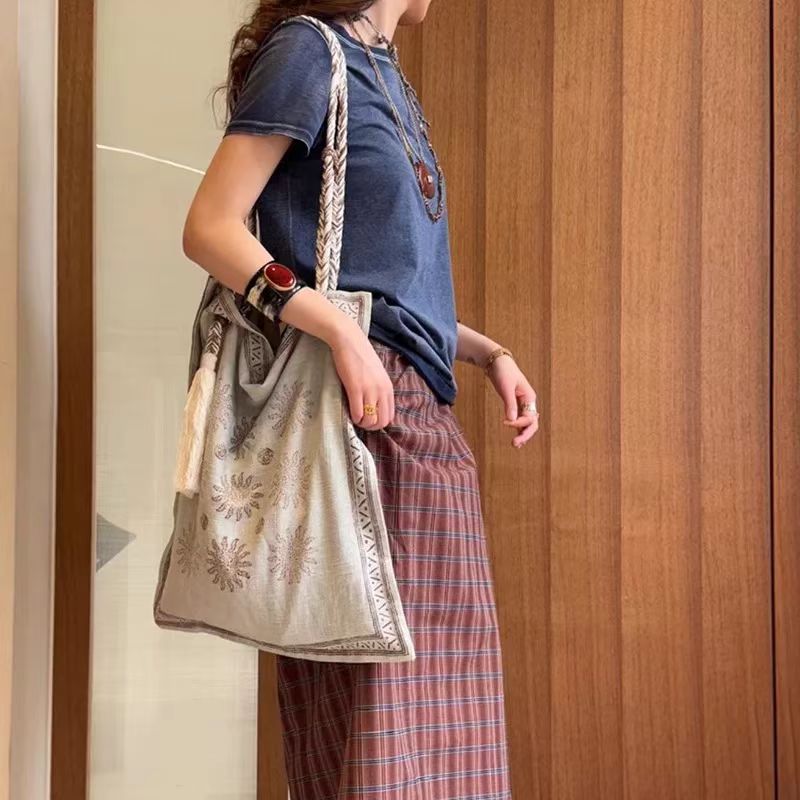 Style Linen Rope Shopping Cloth French Women's Shoulder Bag