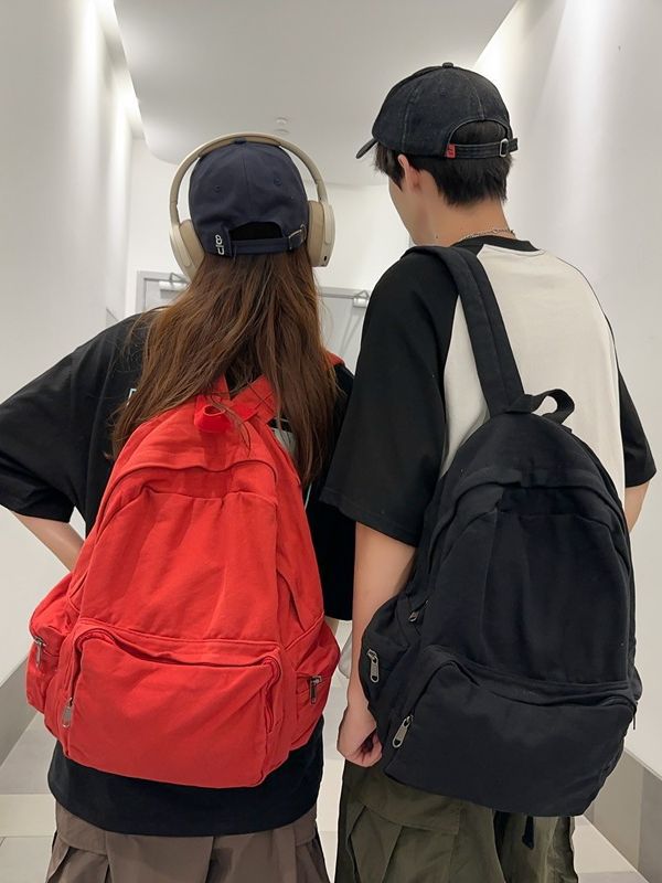 Washed Cloth Solid Color Retro Neutral Four Large Capacity Front Leisure Backpack