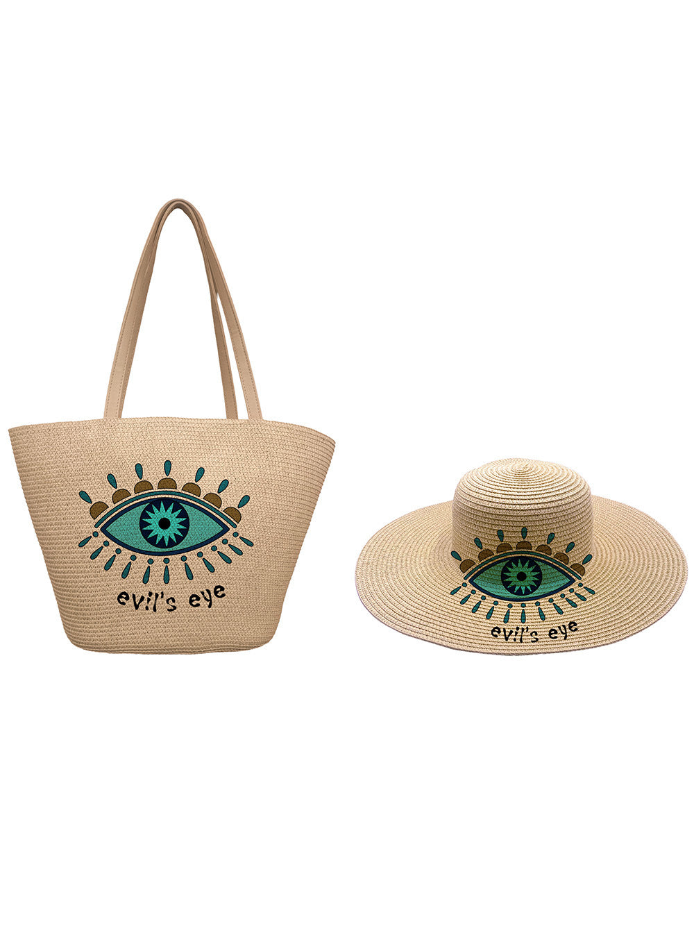 Women's Style Straw Woven Hat Set Vintage Eye Print Bags