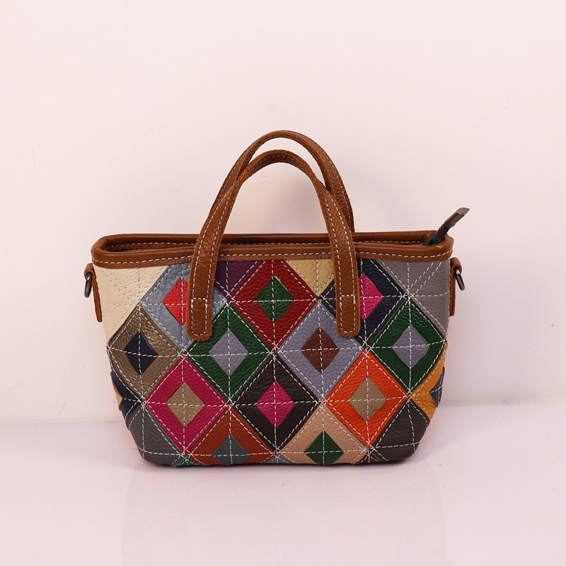 Women's First Layer Cowhide Ethnic Style Fashion Portable Stitching Women's Leather Bag