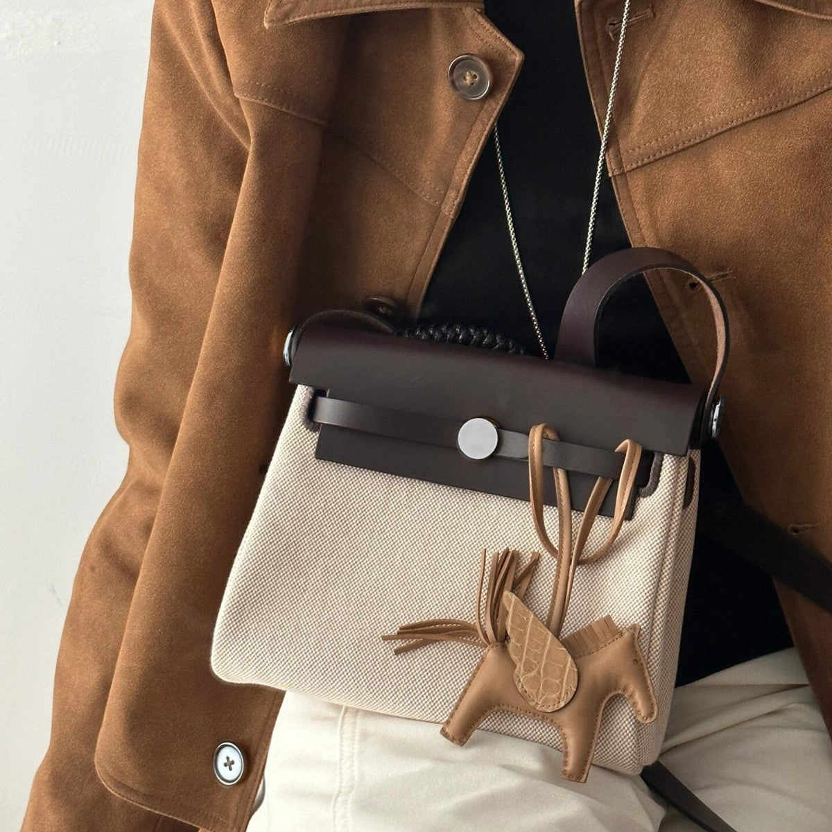 Women's Mini Kelly Cowhide Stitching Canvas Contrast Color Matching Bags